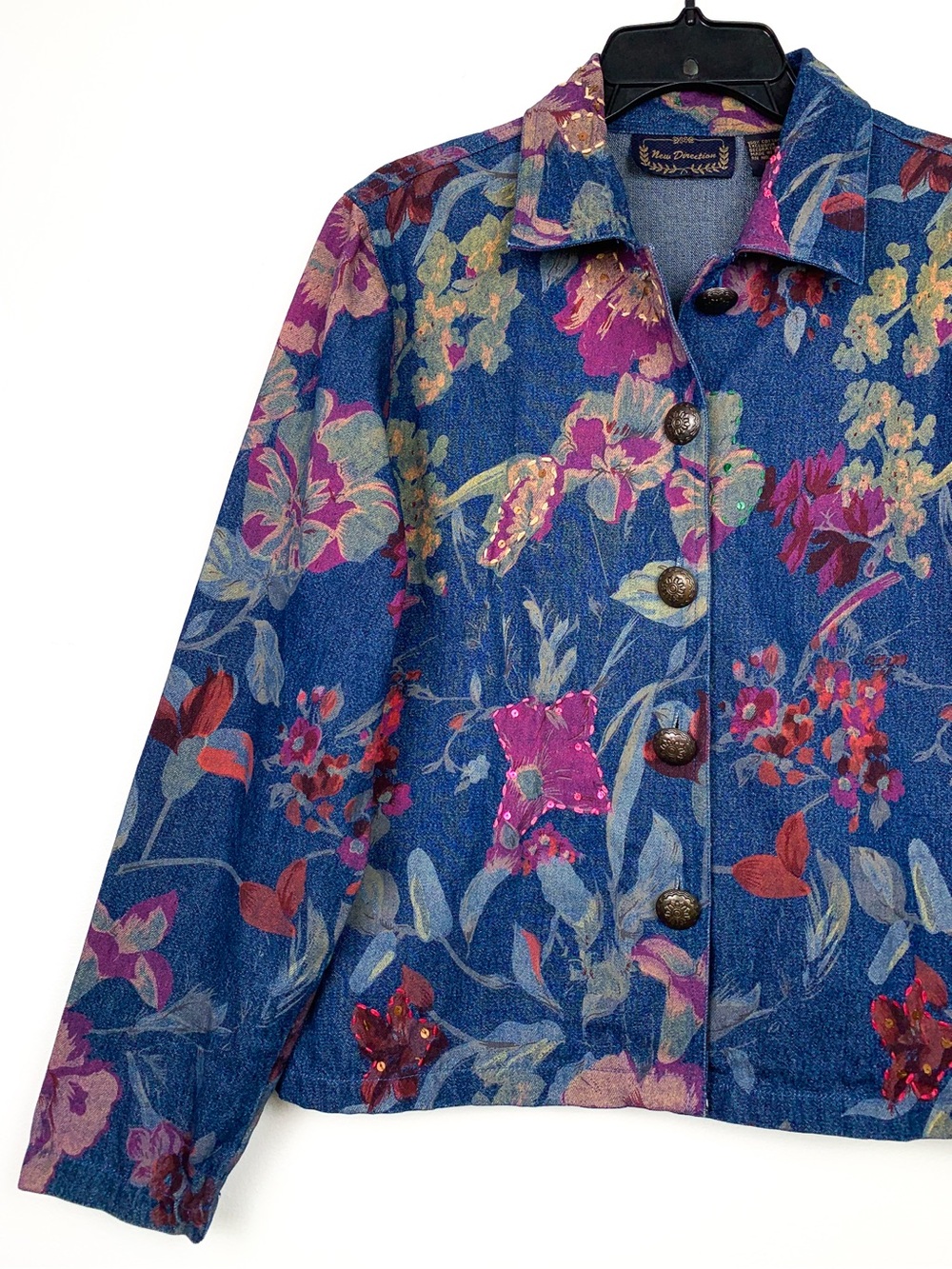 Vintage floral denim jacket by New Direction with embroidery & sequins, medium